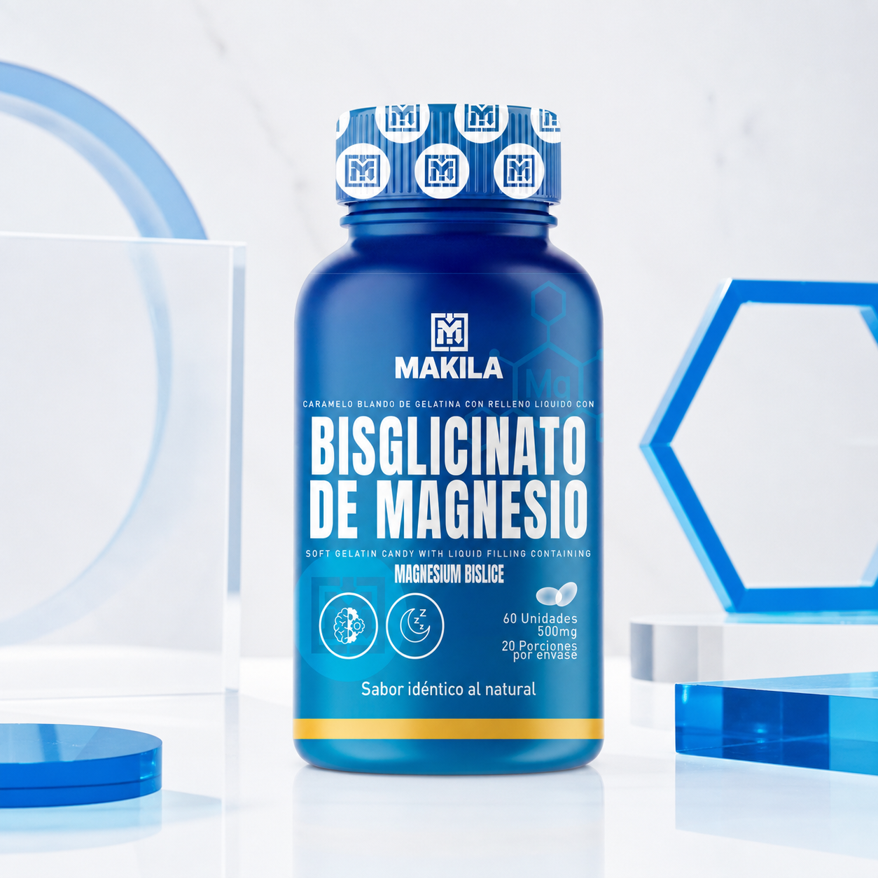 Frasco azul de Bisglicinato de Magnesio MAKILA, 60 cápsulas blandas