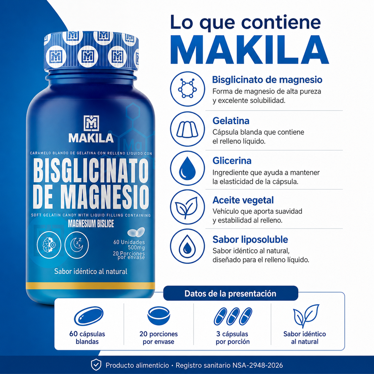 Frente y reverso del envase de Bisglicinato de Magnesio MAKILA con la tabla nutricional
