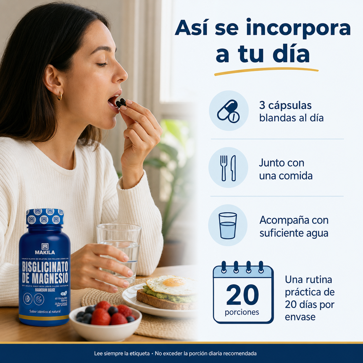 Bisglicinato de Magnesio MAKILA junto a un vaso de agua y una comida sencilla