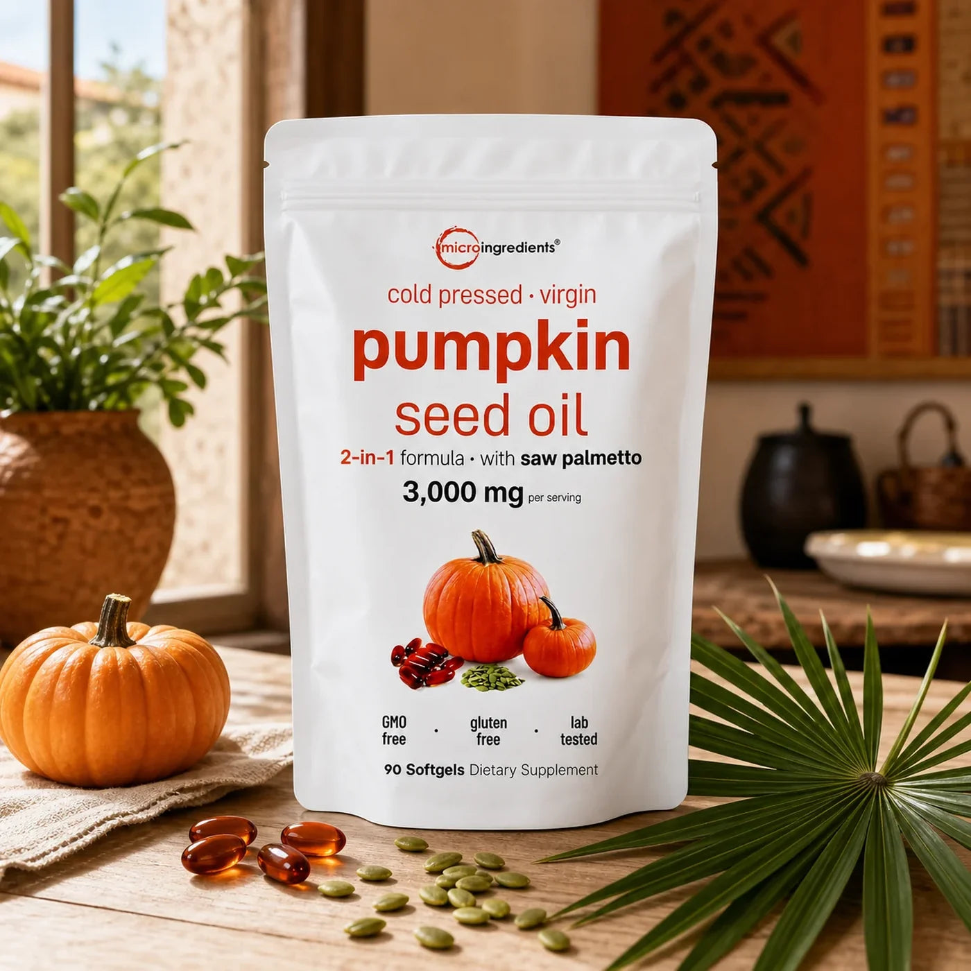 El empaque acompañado de calabaza, semillas y hoja de saw palmetto