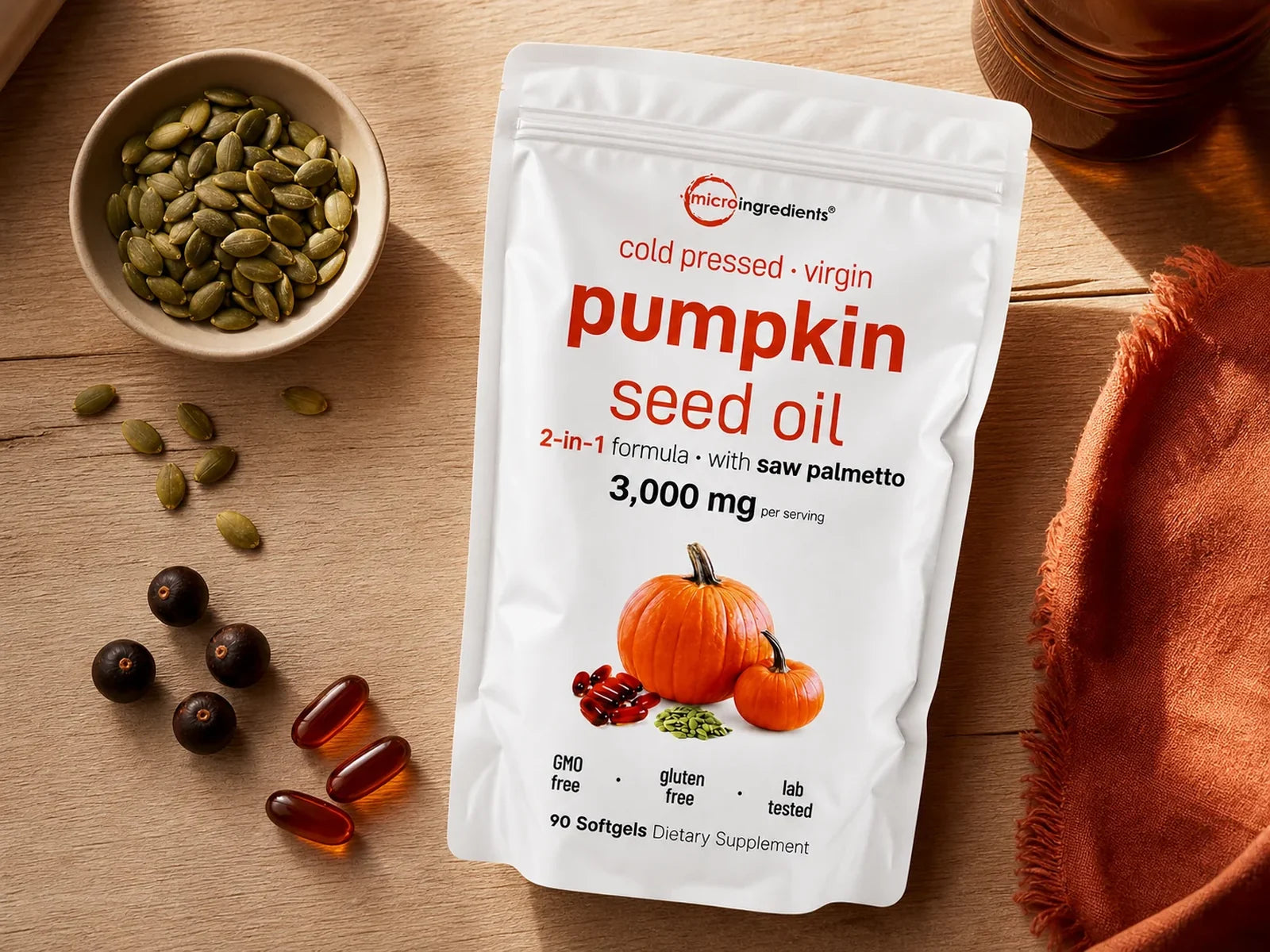Empaque de Nimavo con semillas de calabaza, bayas de saw palmetto y cápsulas blandas